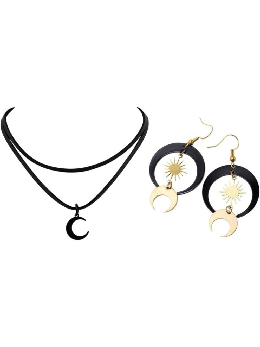 Gothic Boho Layered Crescent Moon Choker & Sun/Moon Earrings Set - Grunge
